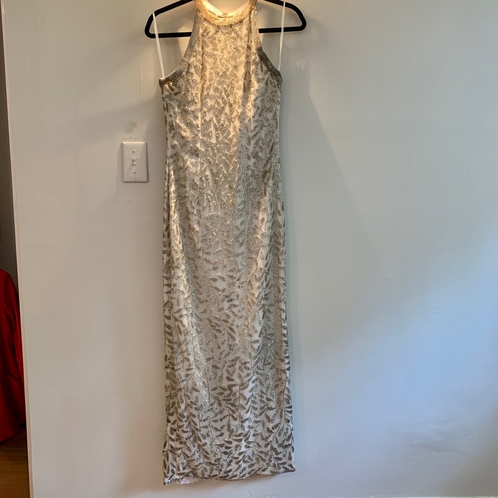 Silver, floral beaded fown